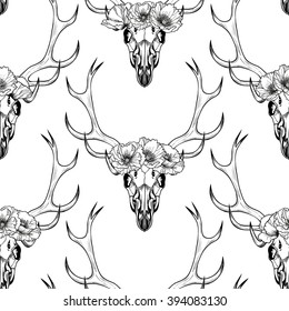 Deer skull  in circlet of flowers  .Vector seamless pattern