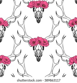 Deer skull  in circlet of  pink flowers  .Vector seamless pattern