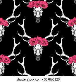 Deer skull  in circlet of  pink flowers  on black background .Vector seamless pattern