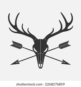 Deer skull and crossed arrows graphic icon. Hunting symbol. Sign isolated on white background. Vector illustration