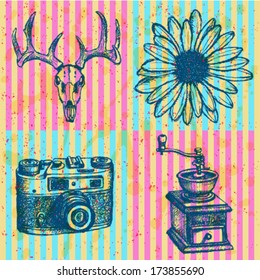 Deer skull, daisy, coffee mill and retro photo camera, hipster sketch background