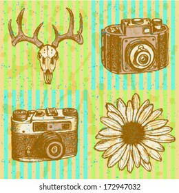 Deer skull, daisy and retro photo camera, hipster sketch background