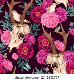 Deer skull decorated with flowers seamless