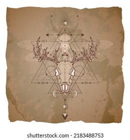 Deer skull, dragonfly and Sacred geometric symbol on vintage paper background with torn edges. Abstract mystic sign. Image in sepia color. 