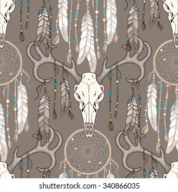 Deer skull with dream-catcher. Seamless pattern. Vector illustration
