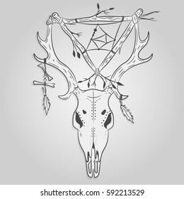 Deer Skull and Dreamcatcher. Vector print
