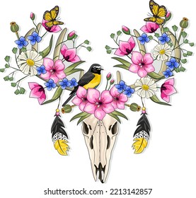 Calavera de ciervo con flores dibujos animados ilustrativos vectoriales. Elemento de diseño elegante Boho para el logotipo, impresión de camisetas aisladas en blanco. Símbolo de la tribu bohemia. Calavera de ciervos con aves, mariposas y flores rosadas