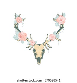 Deer skull with flowers.  Illustration suitable for design element, logo or tattoo