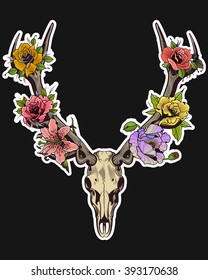 Deer Skull and Flowers Traditional Tattoo Style 
