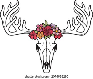Deer skull with flowers vector illustration
