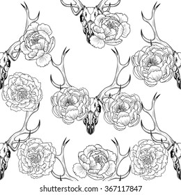 Deer skull and flowers. Vector seamless pattern
