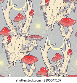 Deer Skull With Fly Agaric Vector Seamless Pattern