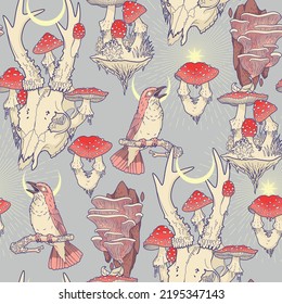 Deer skull with fly agaric vector seamless pattern