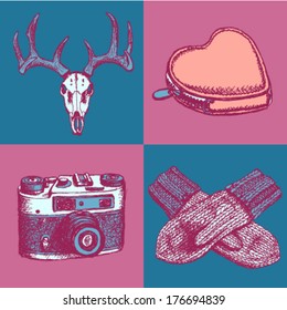Deer skull, heart wallet, mittens and retro photo camera, hipster sketch background
