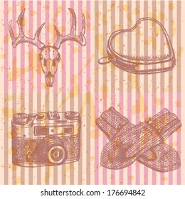 Deer skull, heart wallet, mittens and retro photo camera, hipster sketch background