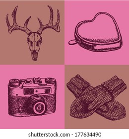 Deer skull, heart wallet, mittens and retro photo camera, hipster sketch background