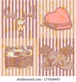 Deer skull, heart wallet, mittens and retro photo camera, hipster sketch background