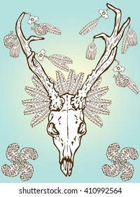 Deer skull with horns with Feathers