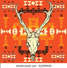 Deer skull with horns on native american or mexican background with traditional ornament.
