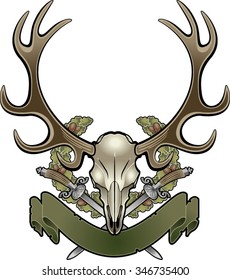 deer skull with hunting knifes, oak leaf and banner
