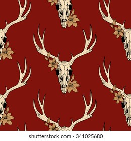  deer skull  and lily on a red background vector seamless pattern