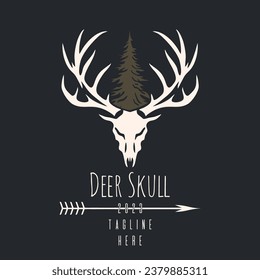 Deer skull logo. Hunting club logo template. Retro style emblem with horned deer head on a dark background. Vector illustration