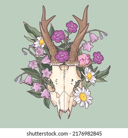 Deer skull and meadow flowers vector illustration