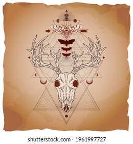 Deer skull, moth and geometric symbol on vintage paper background with torn edges. Abstract mystic sign. Image in sepia and red  color. 