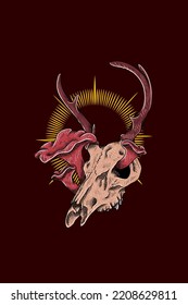 Deer skull with mushroom vector illustration