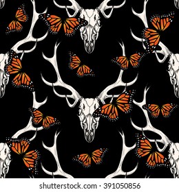 Deer skull and and orange butterfly on black background.  Vector seamless pattern