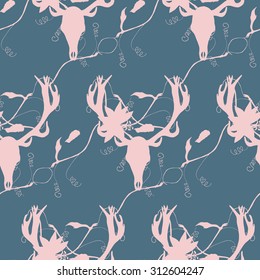 Deer Skull, Passion flower & Tendril Silhouette seamless pattern on blue grey background. Cloth & rug design. Pink & Blue Grey vector backdrop. Boho style texture.