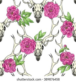 Deer skull  and pink peonies on a white background . Vector seamless pattern