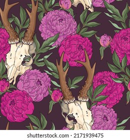 Deer skull and pink peony seamless pattern