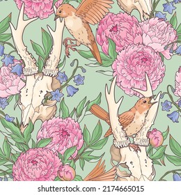 Deer skull and pink peony seamless pattern