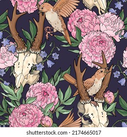 Deer skull and pink peony seamless pattern