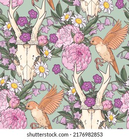 Deer skull and pink peony seamless pattern