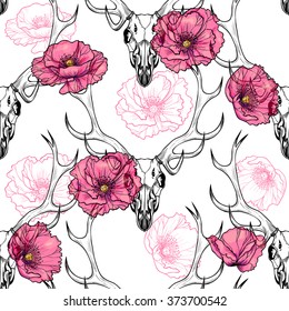 Deer skull and pink poppies . Vector seamless pattern