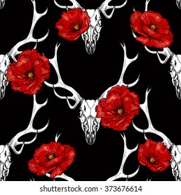 Deer skull and poppies on a black background. Vector seamless pattern
