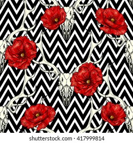 Deer skull and poppies on a geometric background. Vector seamless pattern