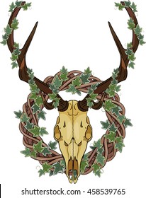 Deer skull and Rattan wreath entwined with ivy, isolated on white, vector illustration