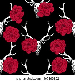 Deer skull and red flowers on black background.  Vector seamless pattern