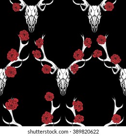 Deer skull and red flowers . Vector seamless pattern.