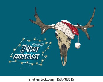 Deer skull in a red hat. Santa hat in the snow.  Print for t-shirts, various printing and posters.