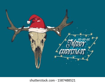 Deer skull in a red hat. Santa hat in the snow.  Print for t-shirts, various printing and posters.