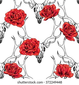 Deer skull and red roses .  Vector seamless pattern