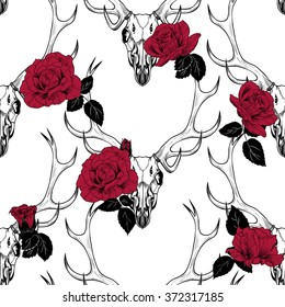 Deer skull and red roses .  Vector seamless pattern