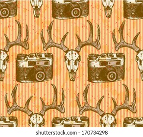 Deer skull and retro photo camera, hipster sketch pattern