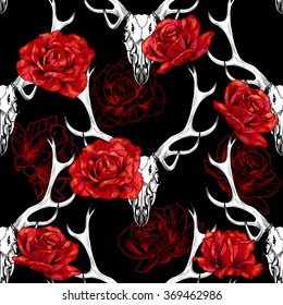 Deer skull and  roses on a black background.  Vector seamless pattern