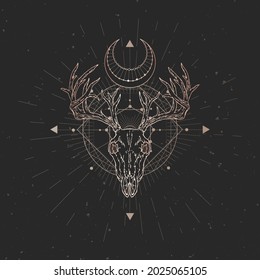 Deer skull and Sacred geometric symbol on black vintage background. Abstract mystic sign. Gold linear shape. 