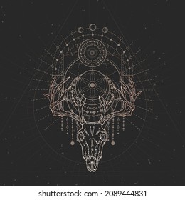 Deer skull and Sacred geometric symbol on black vintage background. Abstract mystic sign. Gold linear shape.